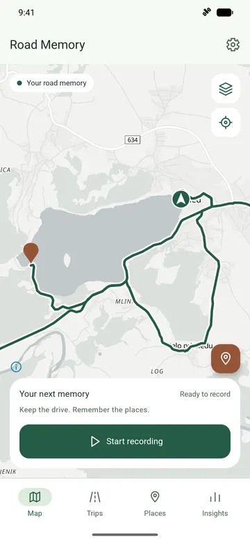 Road Memory home map showing saved routes around Lake Bled and the Start recording action.