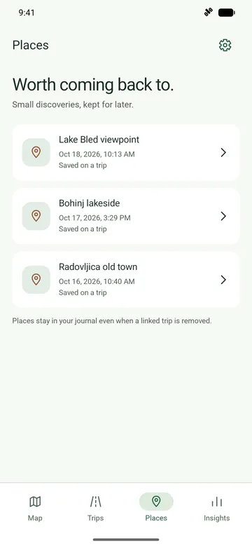 Road Memory Places journal with Lake Bled viewpoint, Bohinj lakeside and Radovljica old town, showing saved dates and trip provenance.