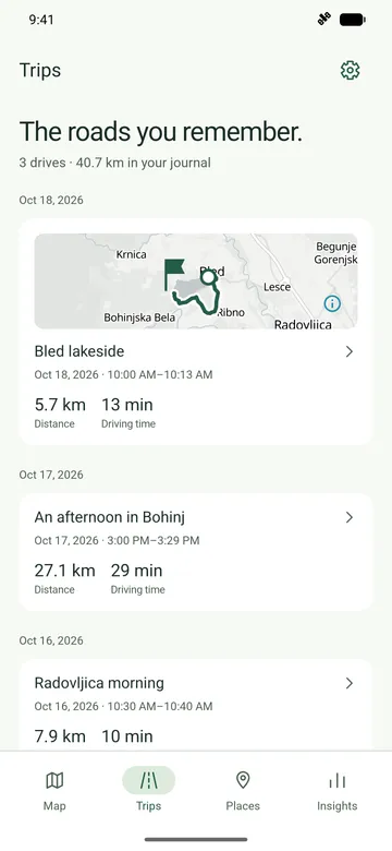 Road Memory Trips journal with Bled lakeside and two other saved drives, showing dates, distances and driving times.